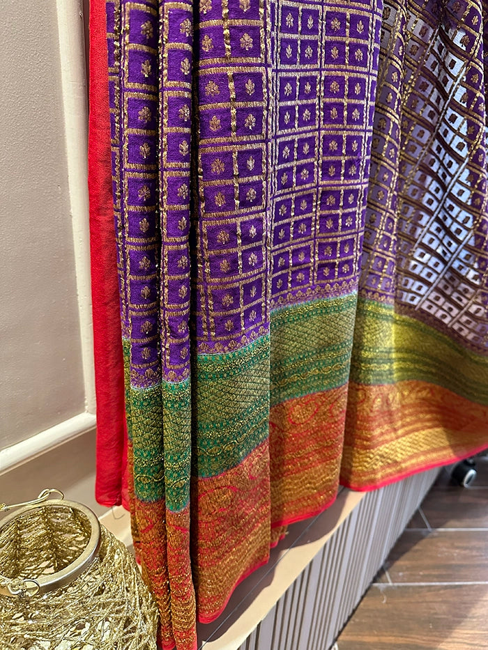 KHADDI GEORGETTE MULTICOLOUR 3D SAREE - NAVY BLUE WITH GREEN AND RED