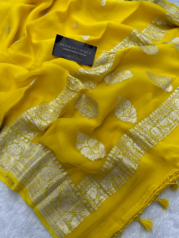KHADDI CHIFFON SILVER ZARI KADHUWA SAREE - YELLOW