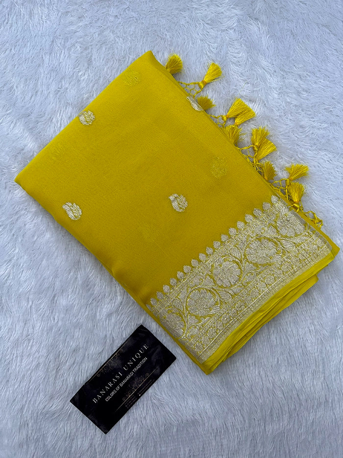 KHADDI CHIFFON SILVER ZARI KADHUWA SAREE - YELLOW