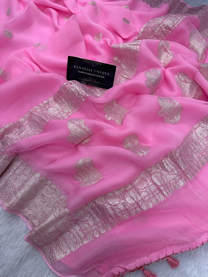 KHADDI CHIFFON SILVER ZARI KADHUWA SAREE - BABY PINK