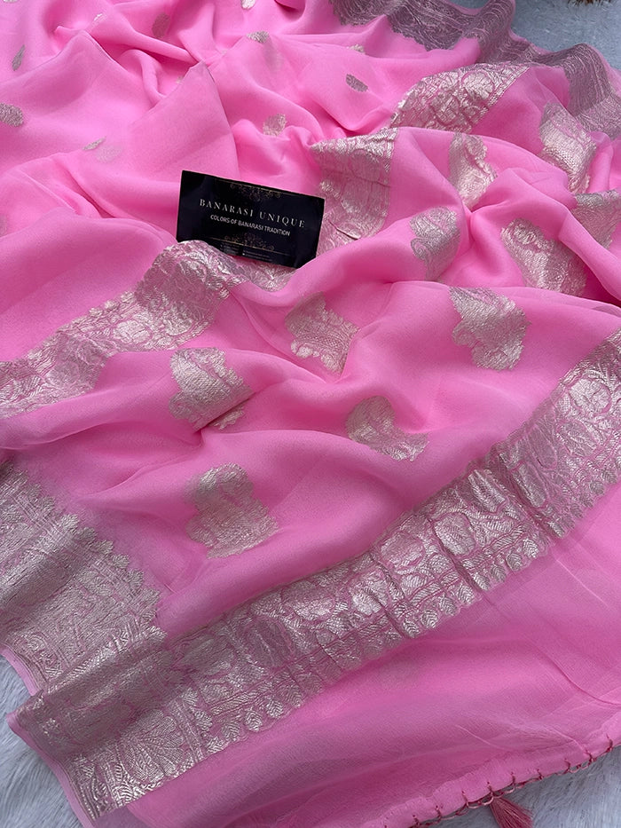 KHADDI CHIFFON SILVER ZARI KADHUWA SAREE - BABY PINK