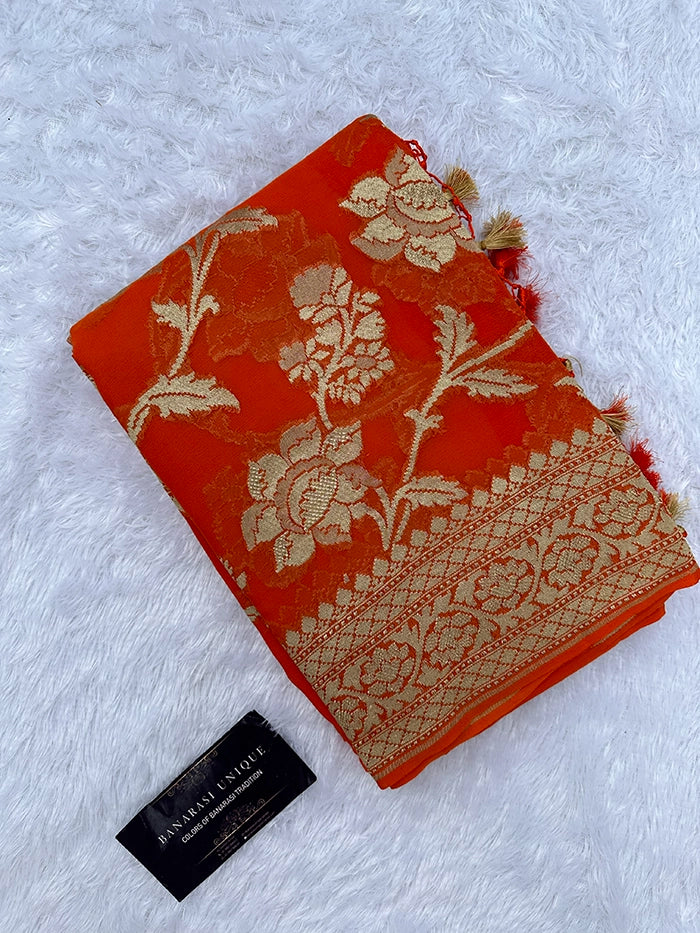 KHADDI GEORGETTE BIG FLORAL JAAL WATER ZARI SAREE - ORANGE