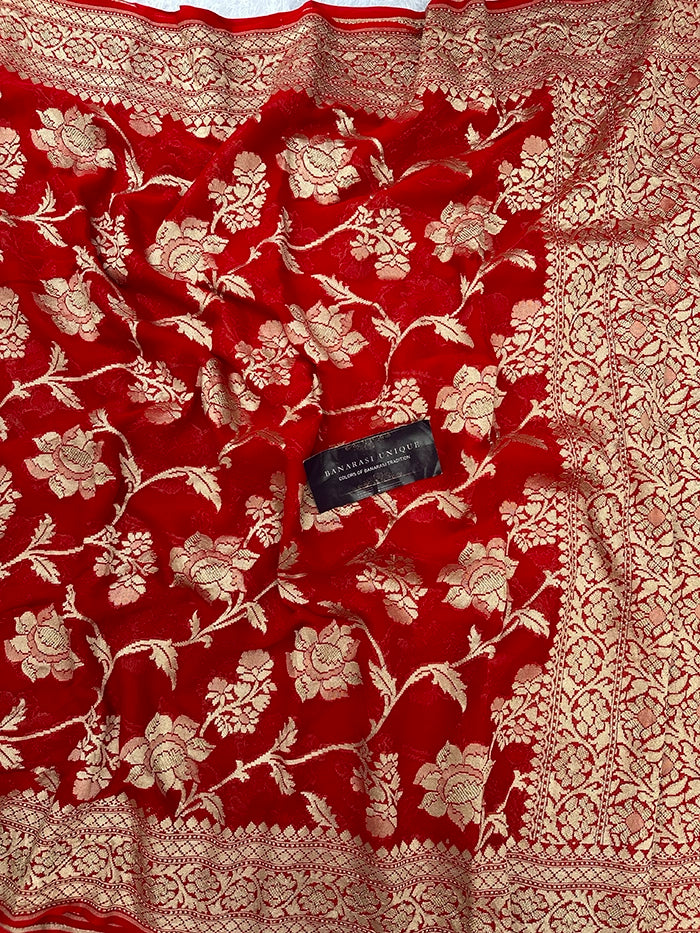 KHADDI GEORGETTE BIG FLORAL JAAL WATER ZARI SAREE - RED