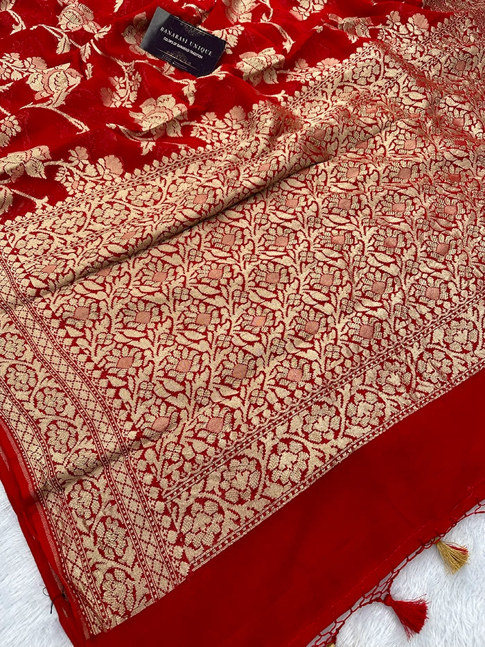 KHADDI GEORGETTE BIG FLORAL JAAL WATER ZARI SAREE - RED