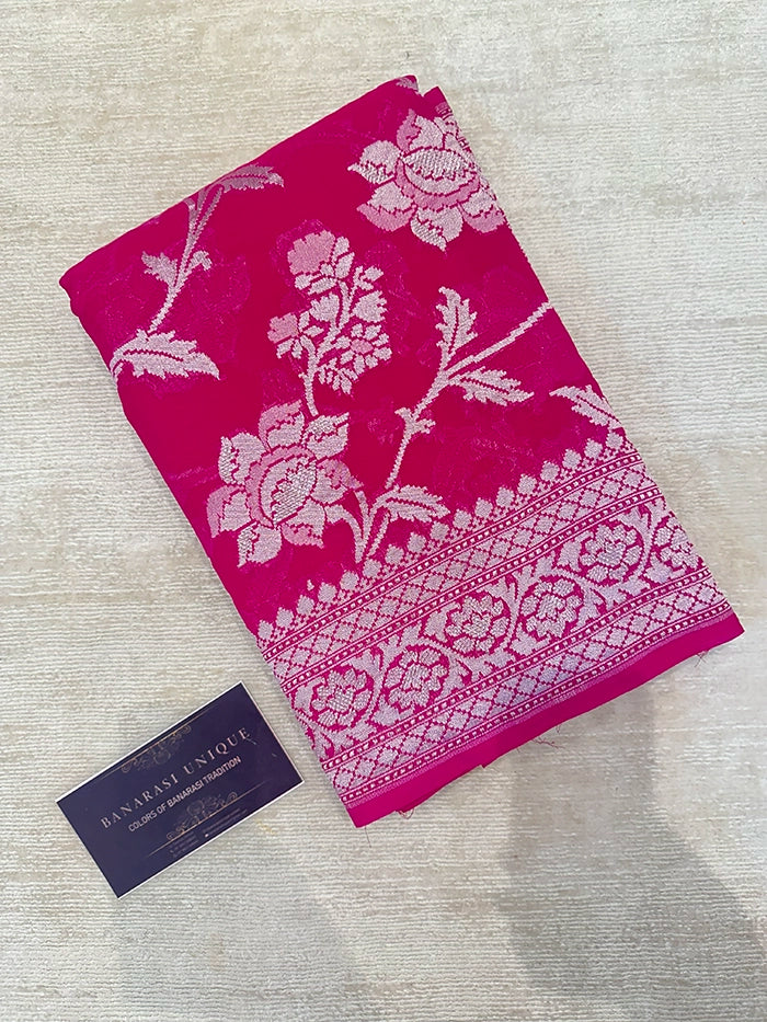 KHADDI GEORGETTE BIG FLORAL JAAL WATER ZARI SAREE - PINK