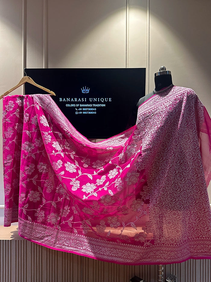 KHADDI GEORGETTE BIG FLORAL JAAL WATER ZARI SAREE - PINK