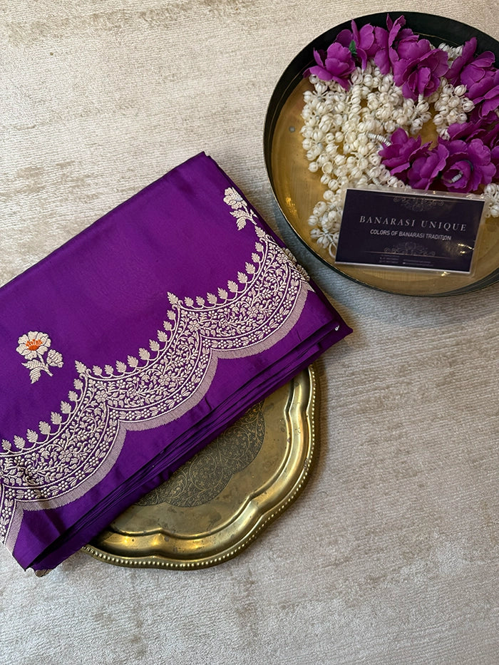 PURE KATAN SILK KADHUA SCALLOP BORDER SAREE - PURPLE