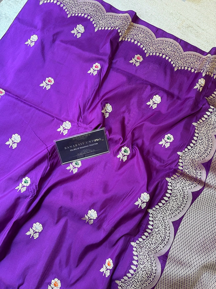 PURE KATAN SILK KADHUA SCALLOP BORDER SAREE - PURPLE