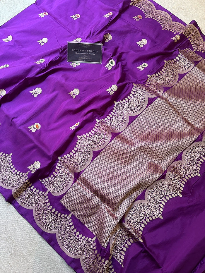 PURE KATAN SILK KADHUA SCALLOP BORDER SAREE - PURPLE
