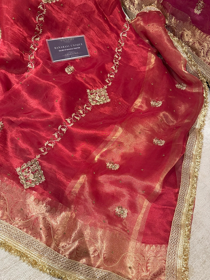 VERTICAL FLORAL PURE TISSUE SAREE - RED