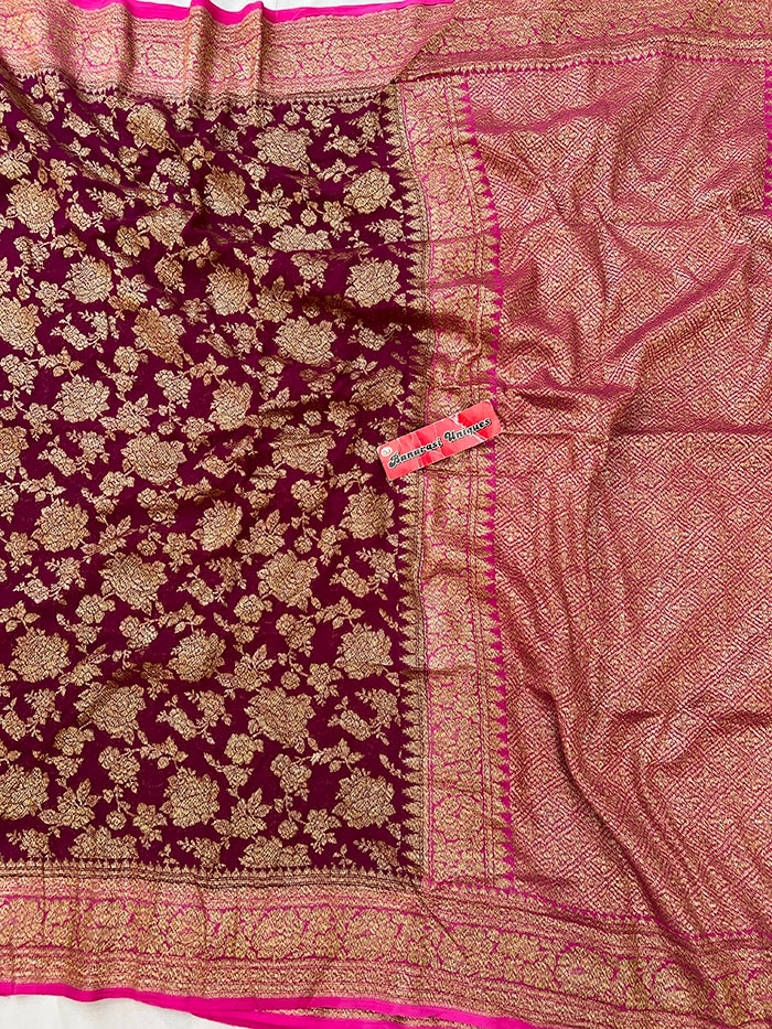 KHADDI GEORGETTE GULAABO ANTIQUE ZARI SAREE - DUAL COLOR RANI WITH MAGENTA