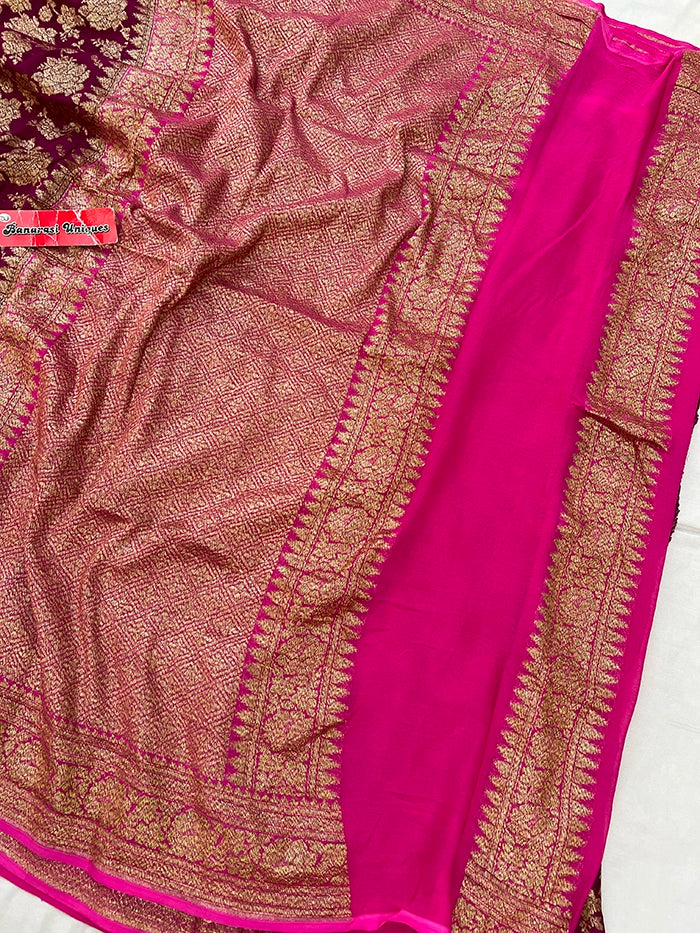 KHADDI GEORGETTE GULAABO ANTIQUE ZARI SAREE - DUAL COLOR RANI WITH MAGENTA
