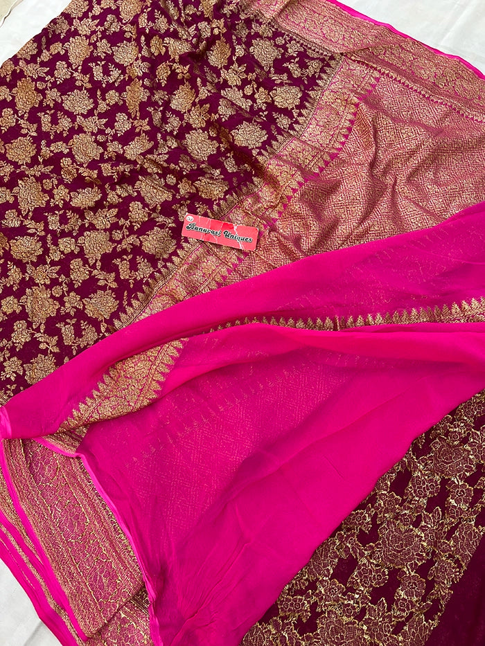 KHADDI GEORGETTE GULAABO ANTIQUE ZARI SAREE - DUAL COLOR RANI WITH MAGENTA