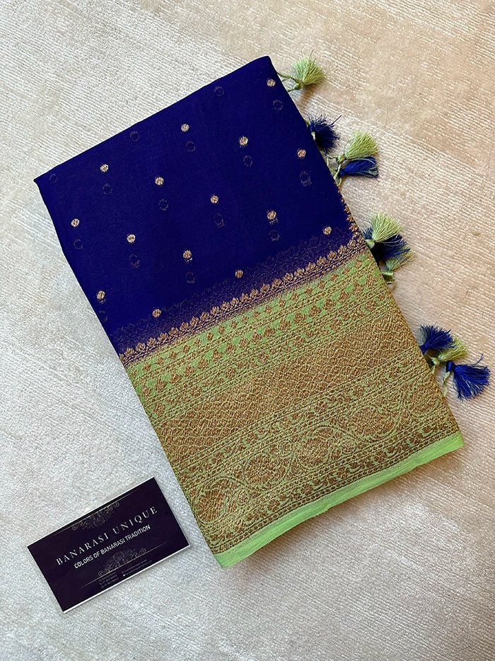 KHADDI GEORGETTE SKIRT BORDER CIRCLE BUTI ANTIQUE ZARI SAREE - CONTRAST BORDER ROYAL BLUE WITH LIGHT GREEN