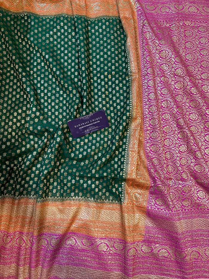 KHADDI GEORGETTE MULTICOLOUR 3D SAREE - BOTTLE GREEN ORANGE WITH PINK