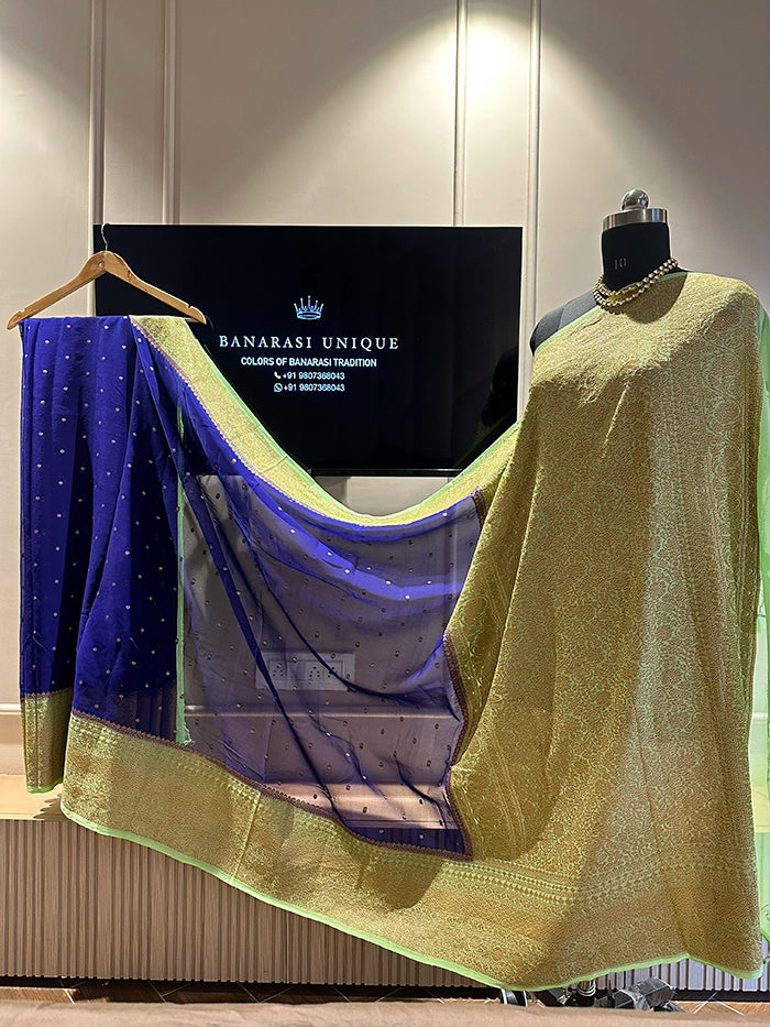 KHADDI GEORGETTE SKIRT BORDER CIRCLE BUTI ANTIQUE ZARI SAREE - CONTRAST BORDER ROYAL BLUE WITH LIGHT GREEN