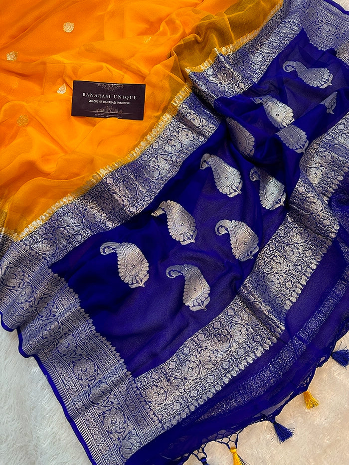 KHADDI CHIFFON SILVER ZARI KADHUWA SAREE - CONTRAST BORDER MUSTARD WITH NAVY BLUE