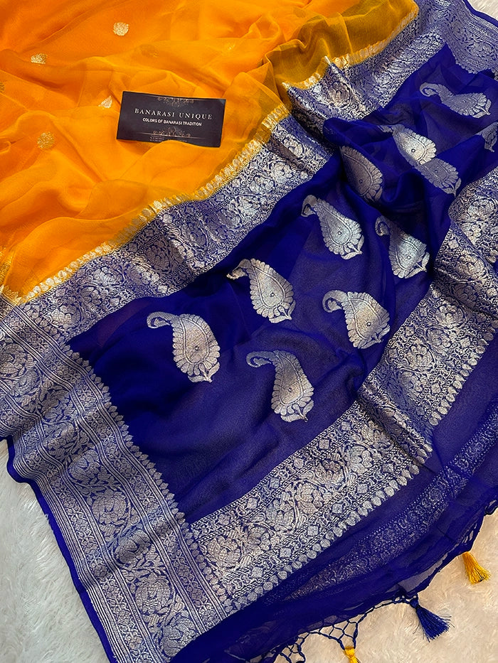 KHADDI CHIFFON SILVER ZARI KADHUWA SAREE - CONTRAST BORDER MUSTARD WITH NAVY BLUE
