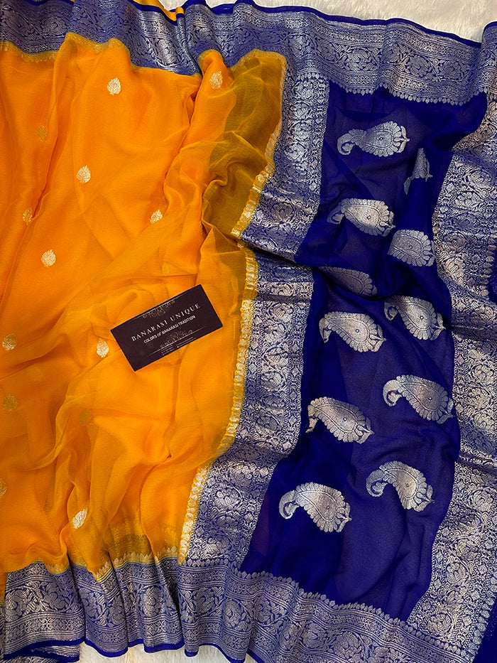 KHADDI CHIFFON SILVER ZARI KADHUWA SAREE - CONTRAST BORDER MUSTARD WITH NAVY BLUE