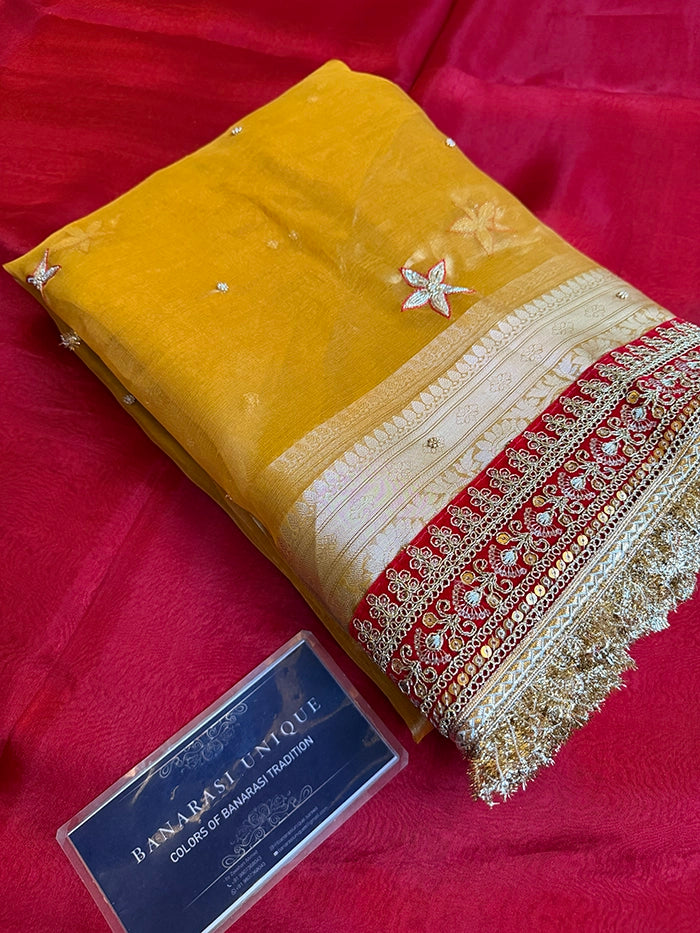 PURE TISSUE SILK HALDI WALI SAREE STAR BOOTA - MUSTARD