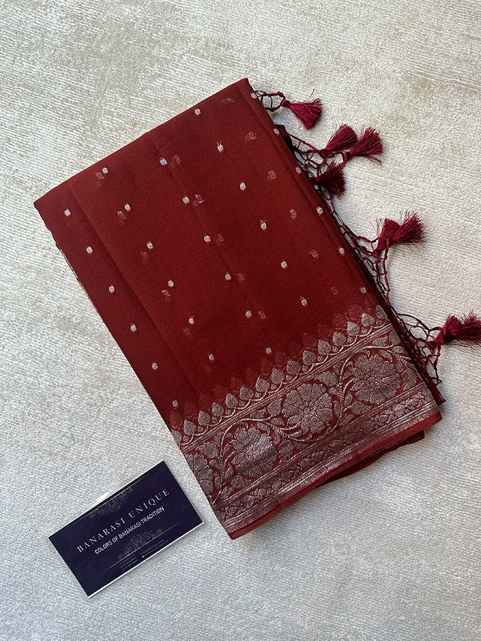 KHADDI CHIFFON HAZARA BUTI SAREE - CHOCOLATE BROWN