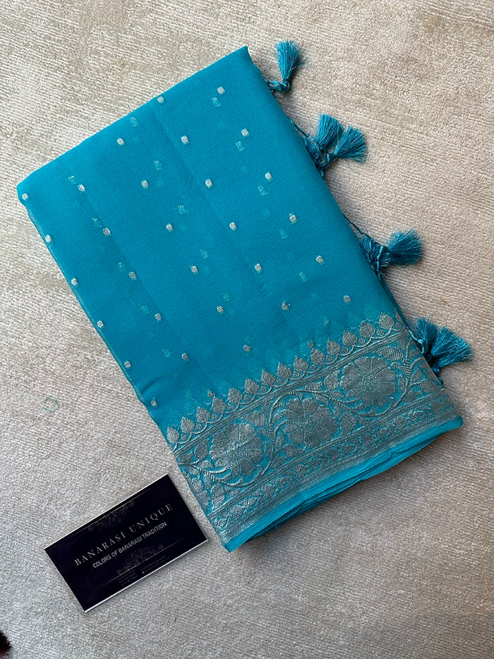 KHADDI CHIFFON HAZARA BUTI SAREE - SKY BLUE