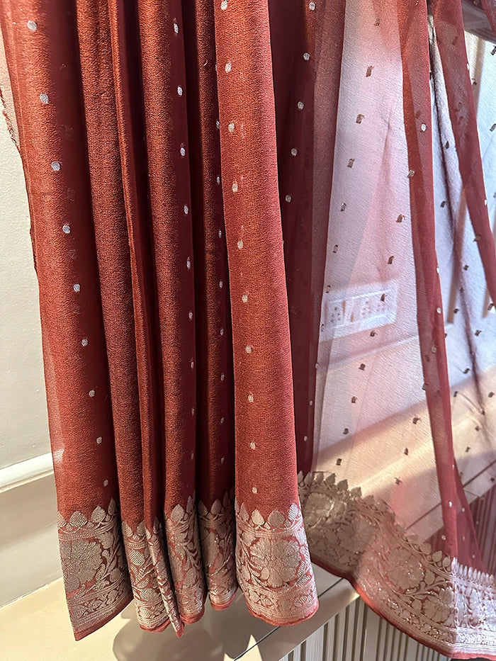 KHADDI CHIFFON HAZARA BUTI SAREE - CHOCOLATE BROWN