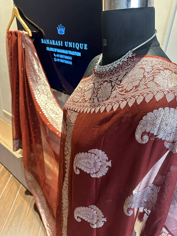 KHADDI CHIFFON HAZARA BUTI SAREE - CHOCOLATE BROWN