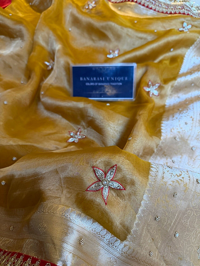 PURE TISSUE SILK HALDI WALI SAREE STAR BOOTA - MUSTARD