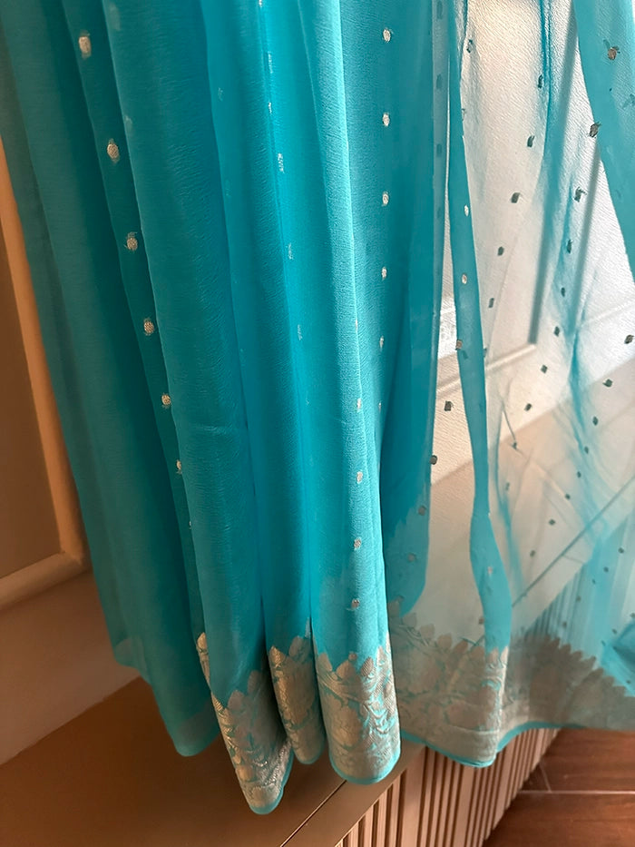 KHADDI CHIFFON HAZARA BUTI SAREE - SKY BLUE