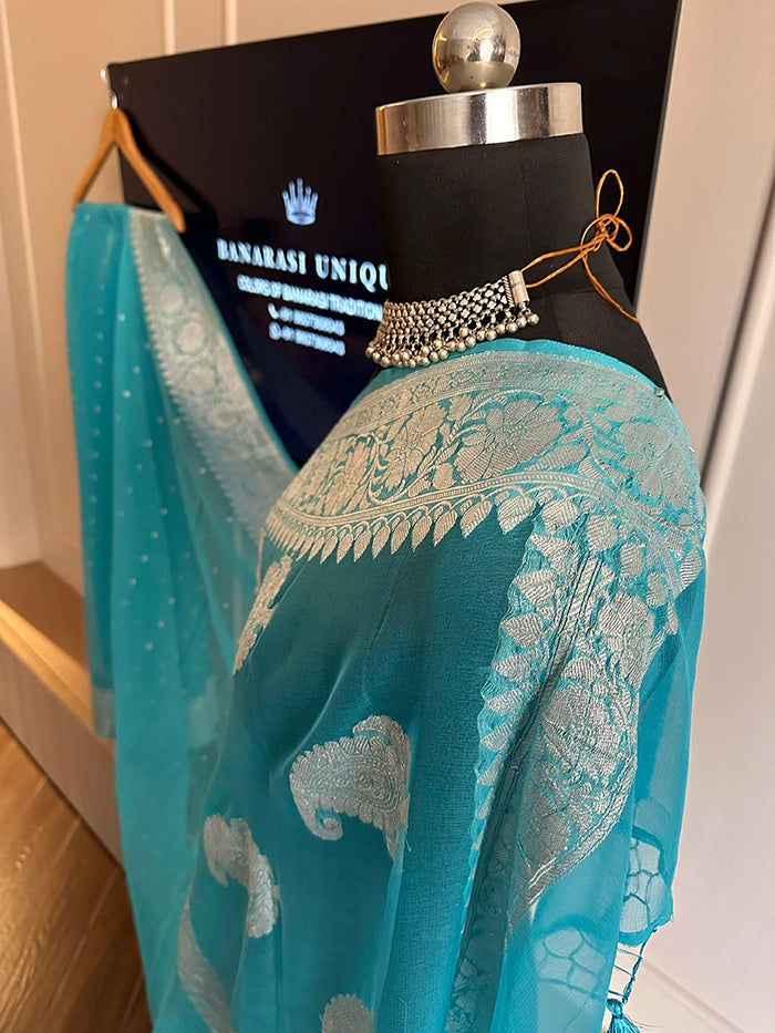 KHADDI CHIFFON HAZARA BUTI SAREE - SKY BLUE