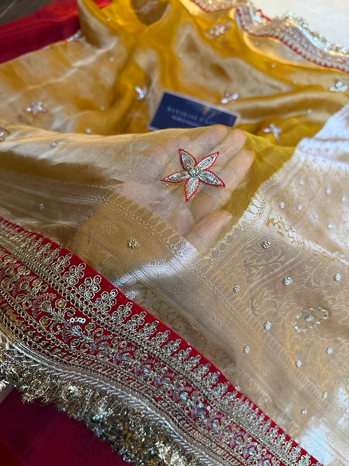 PURE TISSUE SILK HALDI WALI SAREE STAR BOOTA - MUSTARD