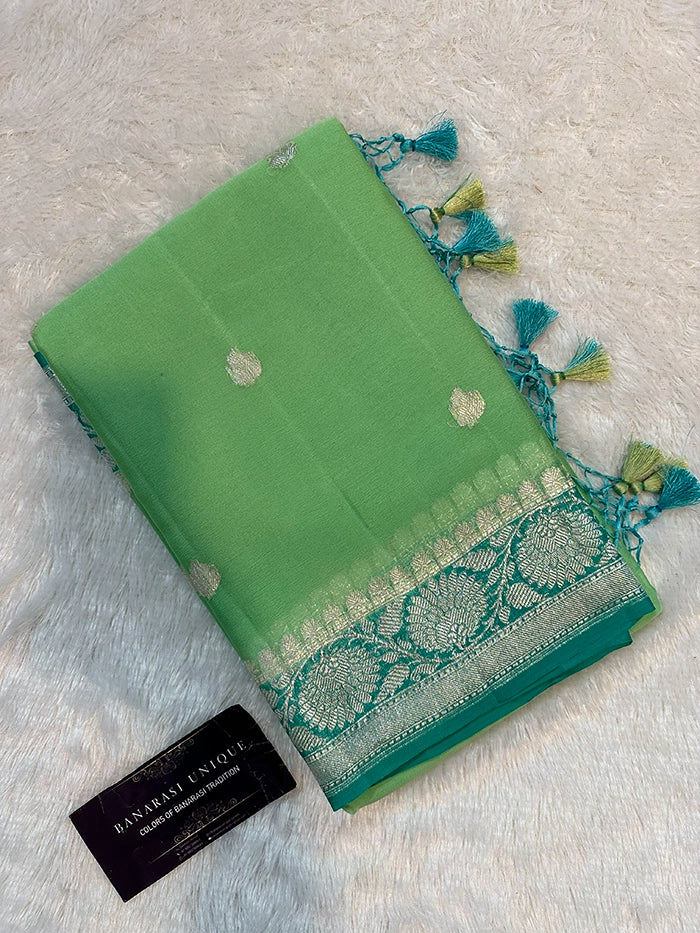 KHADDI CHIFFON SILVER ZARI KADHUWA SAREE - CONTRAST BORDER MINT GREEN WITH SEA GREEN