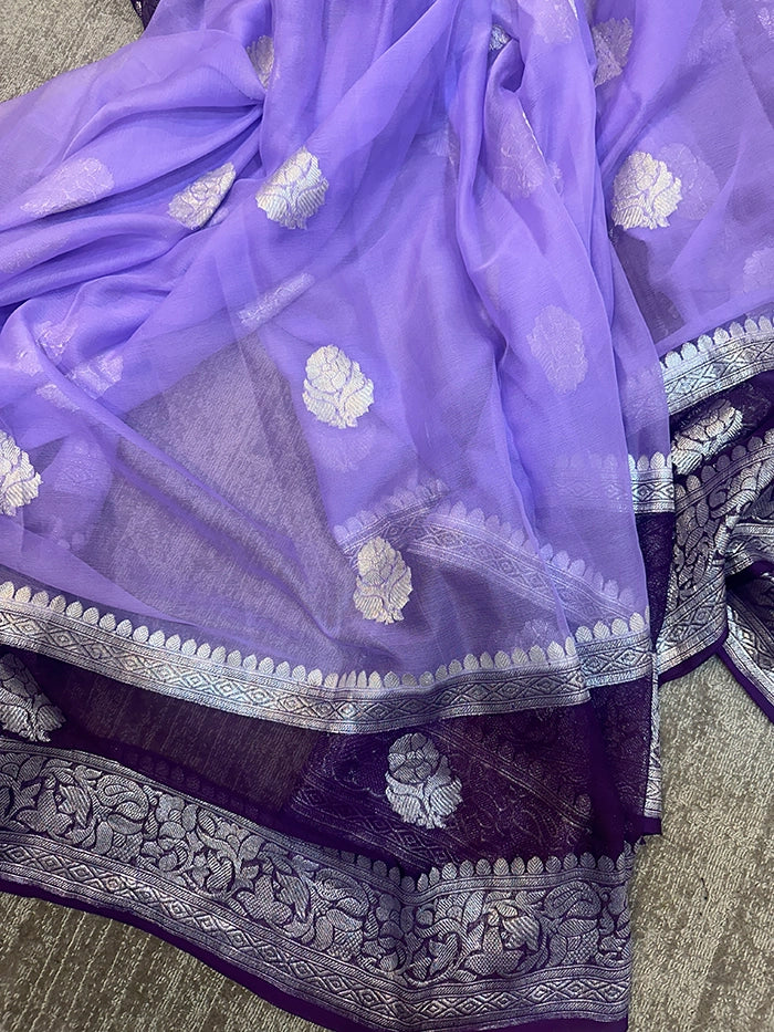 KHADDI CHIFFON DOUBLE BORDER SAREE - PURPLE WITH LAVENDER