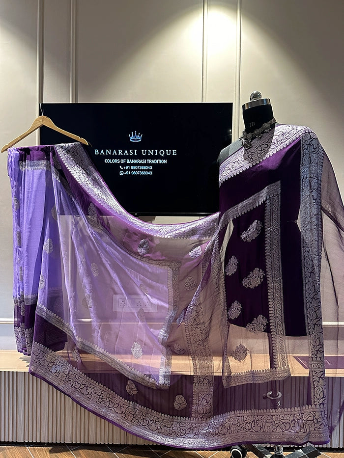 KHADDI CHIFFON DOUBLE BORDER SAREE - PURPLE WITH LAVENDER