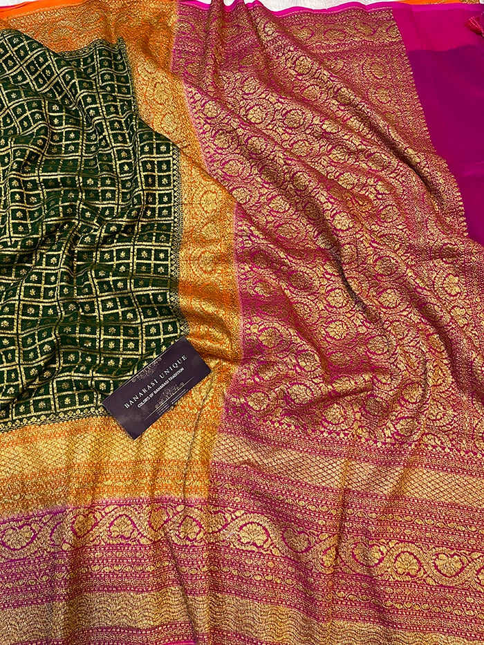 KHADDI GEORGETTE MULTICOLOUR 3D SAREE - BOTTLE GREEN ORANGE WITH PINK