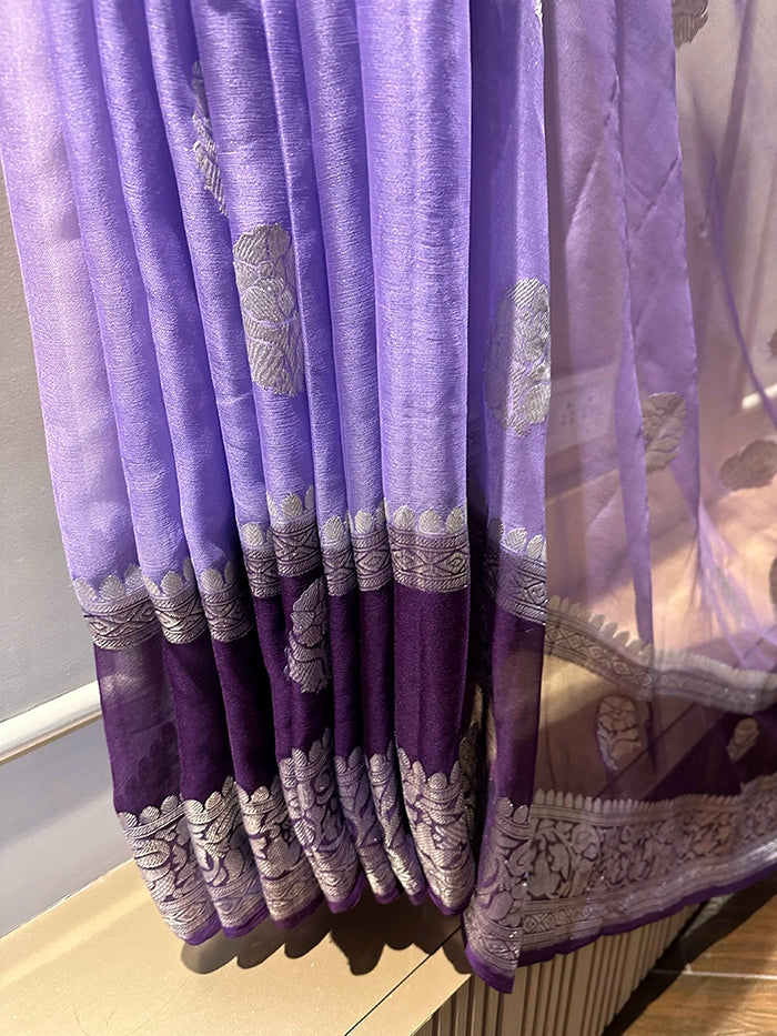 KHADDI CHIFFON DOUBLE BORDER SAREE - PURPLE WITH LAVENDER
