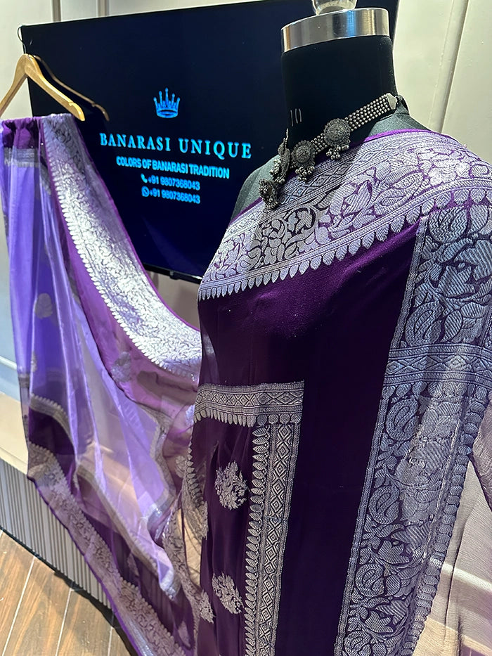 KHADDI CHIFFON DOUBLE BORDER SAREE - PURPLE WITH LAVENDER