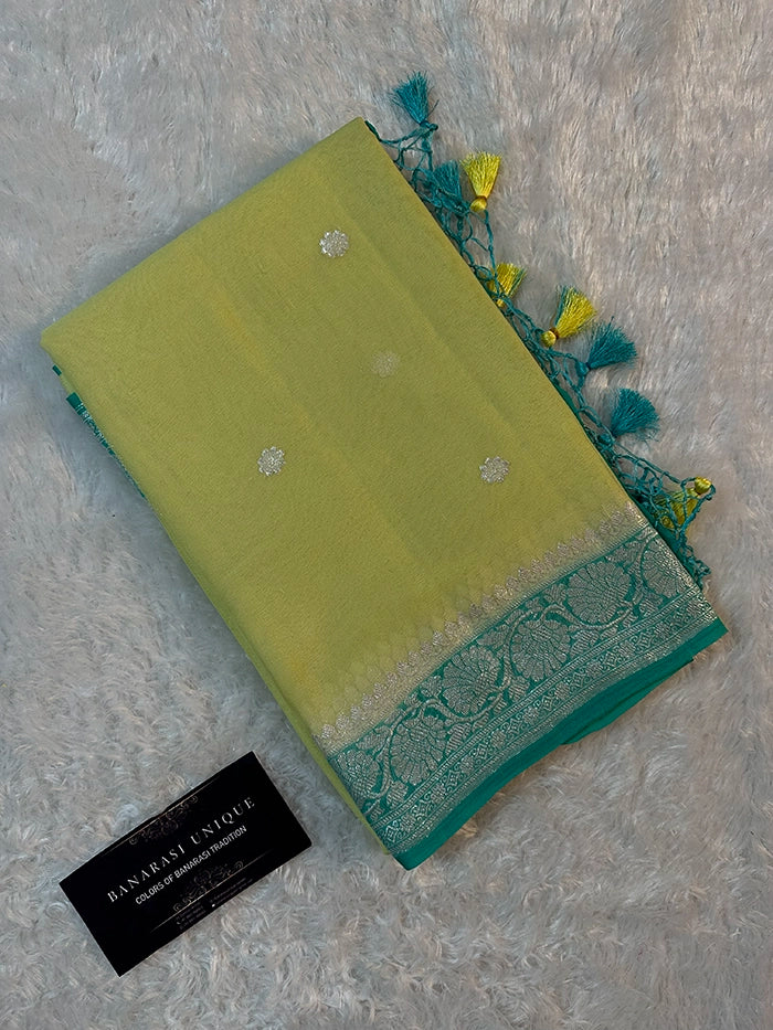 KHADDI CHIFFON SILVER ZARI KADHUWA SAREE - CONTRAST BORDER YELLOW WITH TURQUOISE