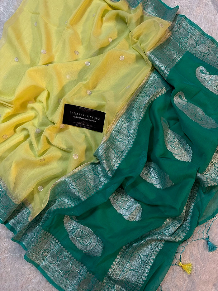 KHADDI CHIFFON SILVER ZARI KADHUWA SAREE - CONTRAST BORDER YELLOW WITH TURQUOISE