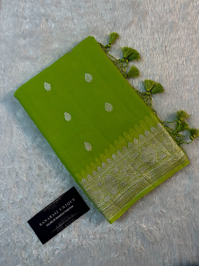 KHADDI CHIFFON SILVER ZARI KADHUWA SAREE - NEON GREEN