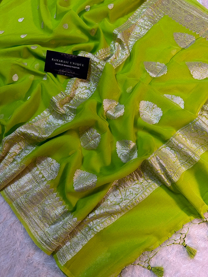 KHADDI CHIFFON SILVER ZARI KADHUWA SAREE - NEON GREEN