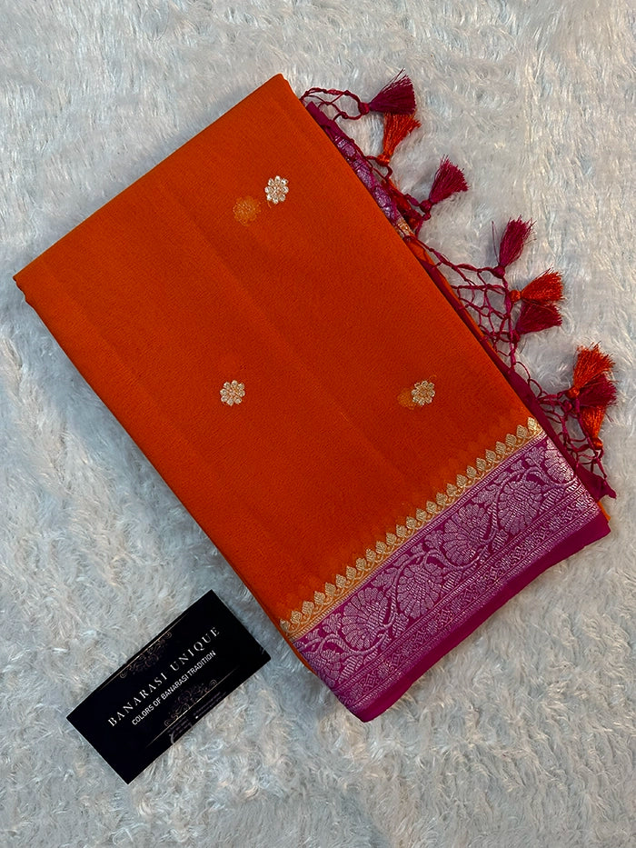 KHADDI CHIFFON SILVER ZARI KADHUWA SAREE - CONTRAST BORDER ORANGE WITH RANI PINK