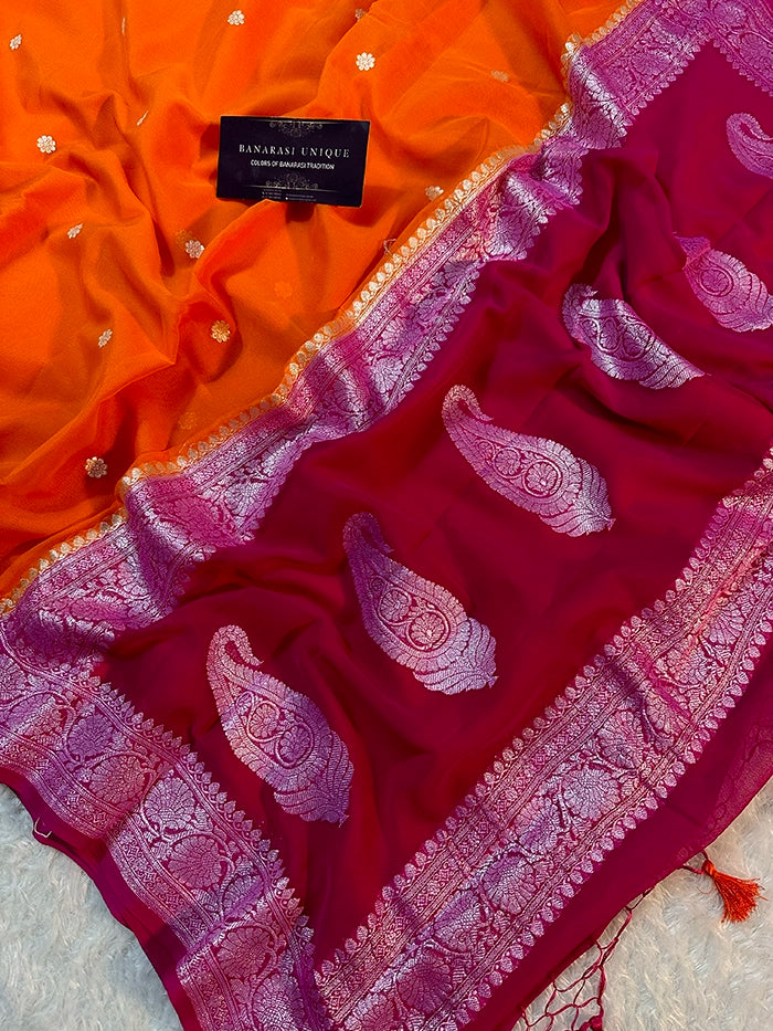 KHADDI CHIFFON SILVER ZARI KADHUWA SAREE - CONTRAST BORDER ORANGE WITH RANI PINK
