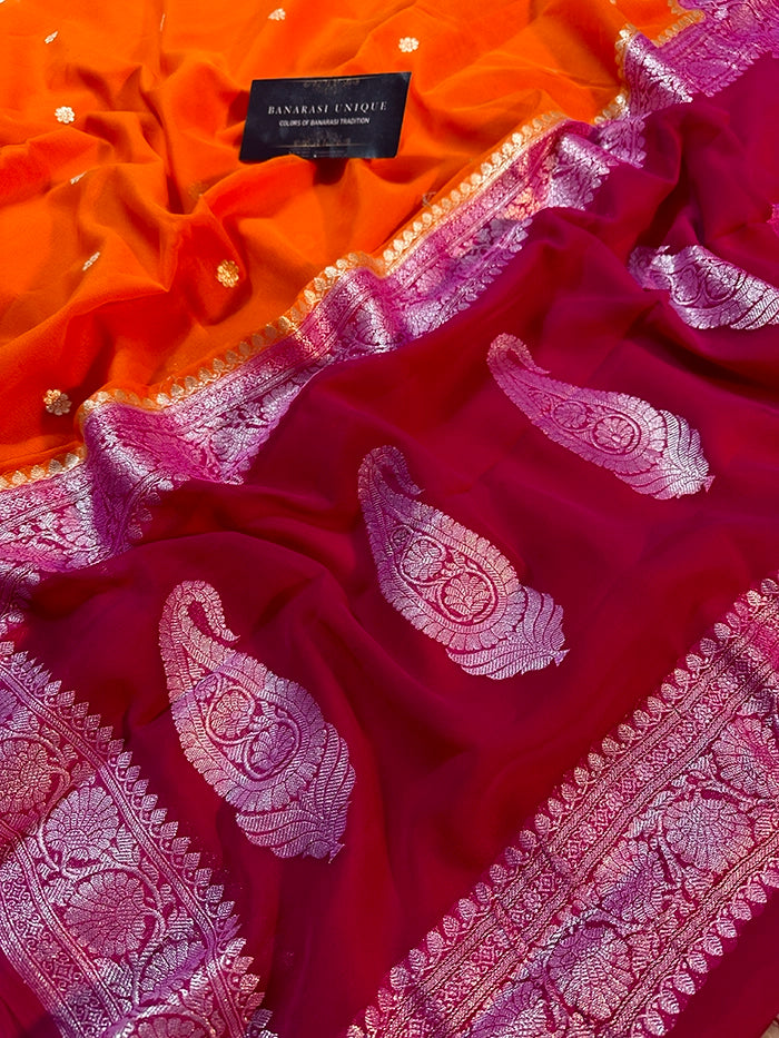 KHADDI CHIFFON SILVER ZARI KADHUWA SAREE - CONTRAST BORDER ORANGE WITH RANI PINK