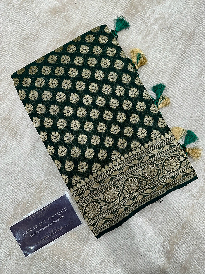 KHADDI GEORGETTE DOLLAR BUTI GOLD ZARI SAREE - BOTTLE GREEN