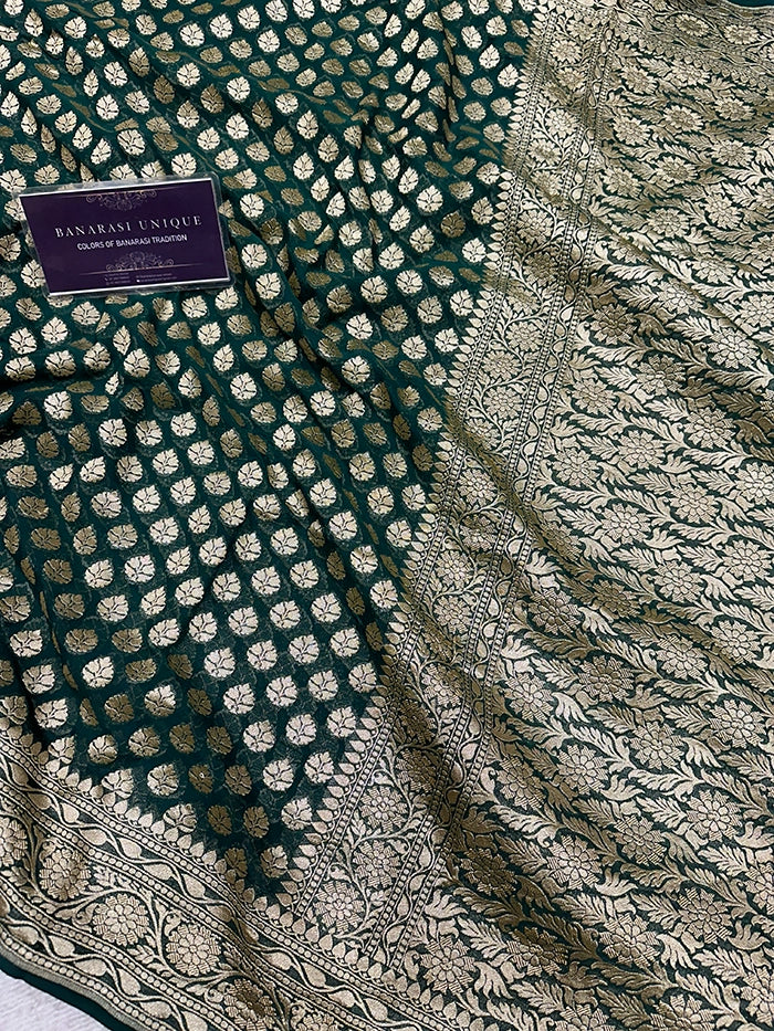 KHADDI GEORGETTE DOLLAR BUTI GOLD ZARI SAREE - BOTTLE GREEN