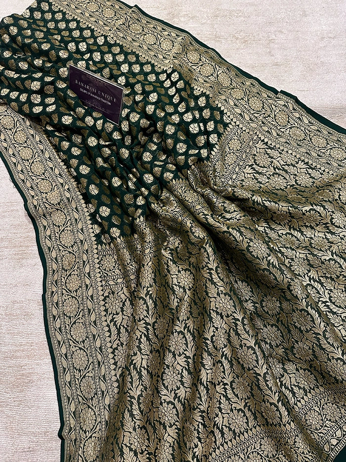 KHADDI GEORGETTE DOLLAR BUTI GOLD ZARI SAREE - BOTTLE GREEN