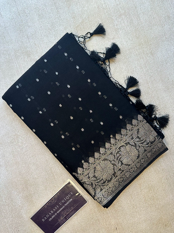 KHADDI CHIFFON HAZARA BUTI SAREE - BLACK