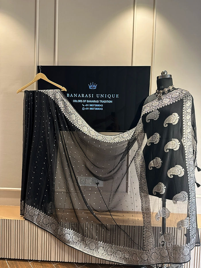 KHADDI CHIFFON HAZARA BUTI SAREE - BLACK